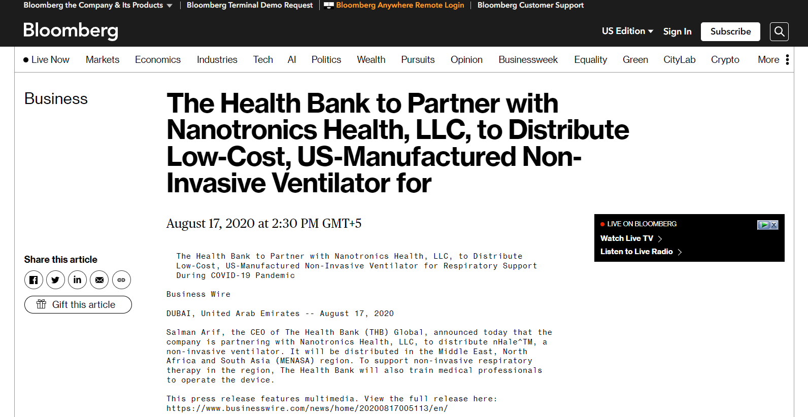 The Health Bank to Partner with Nanotronics Health, LLC, to Distribute Low-Cost, US-Manufactured Non-Invasive Ventilator for